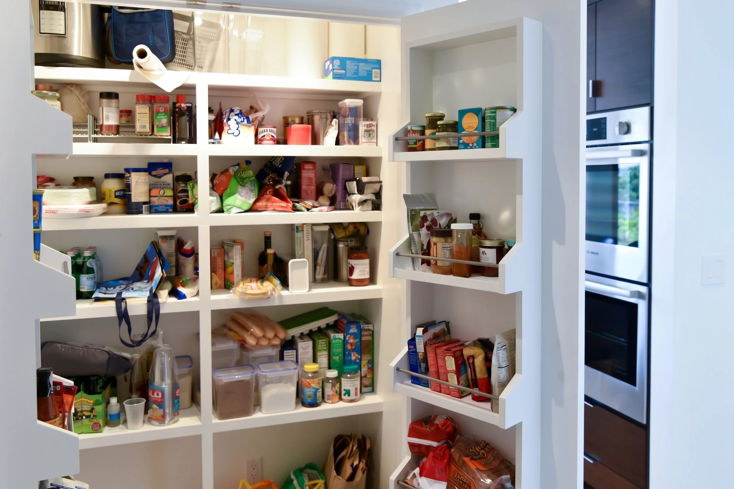 Walk-in pantry with open shelves.