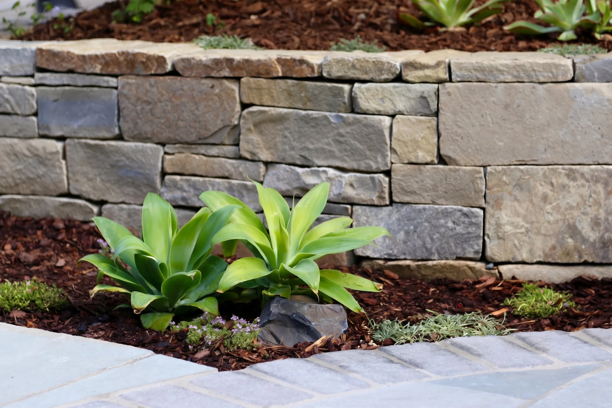 Dry-stacked stone wall with planting.