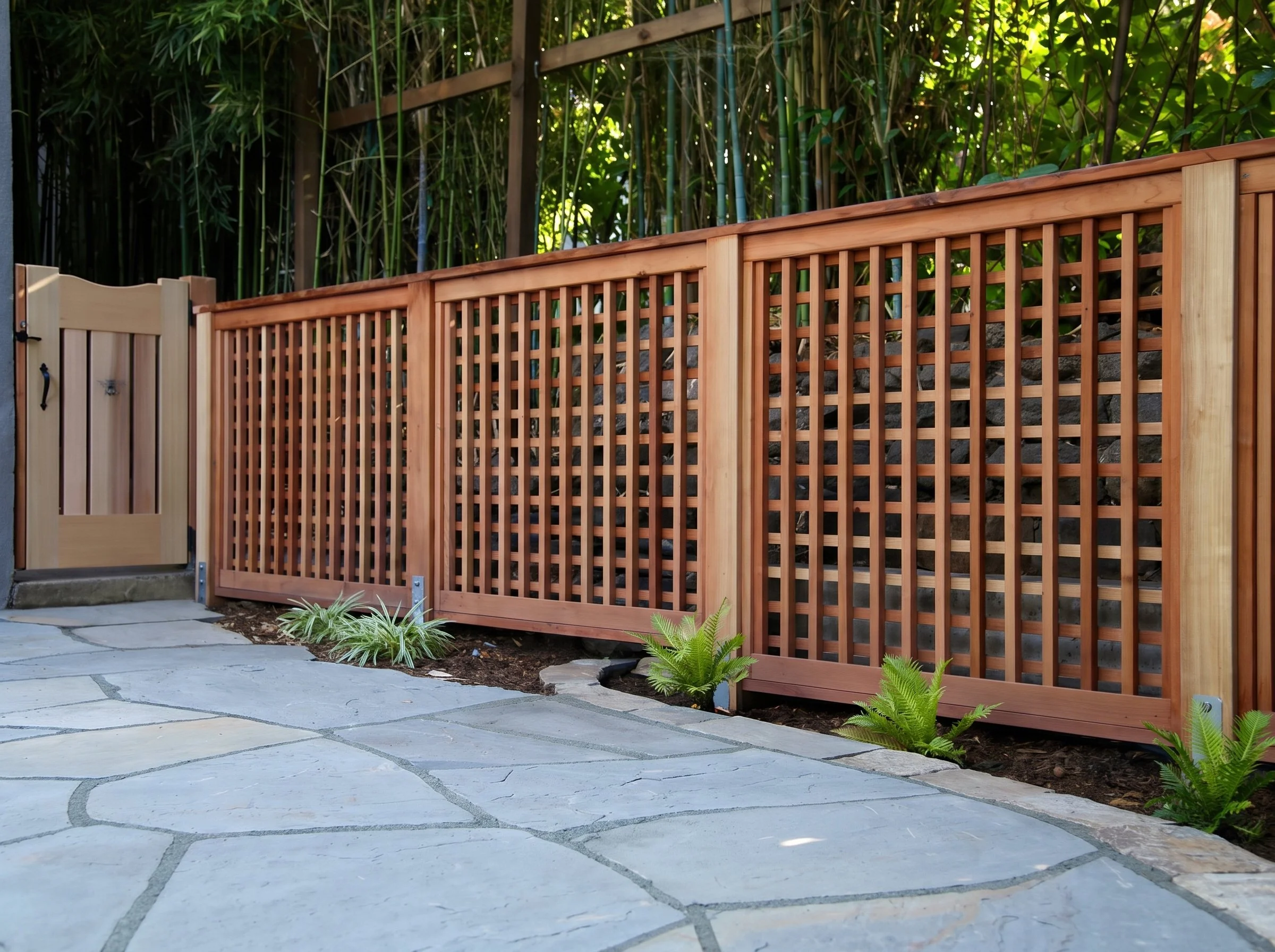 Wood lattice fence along a flagstone patio.