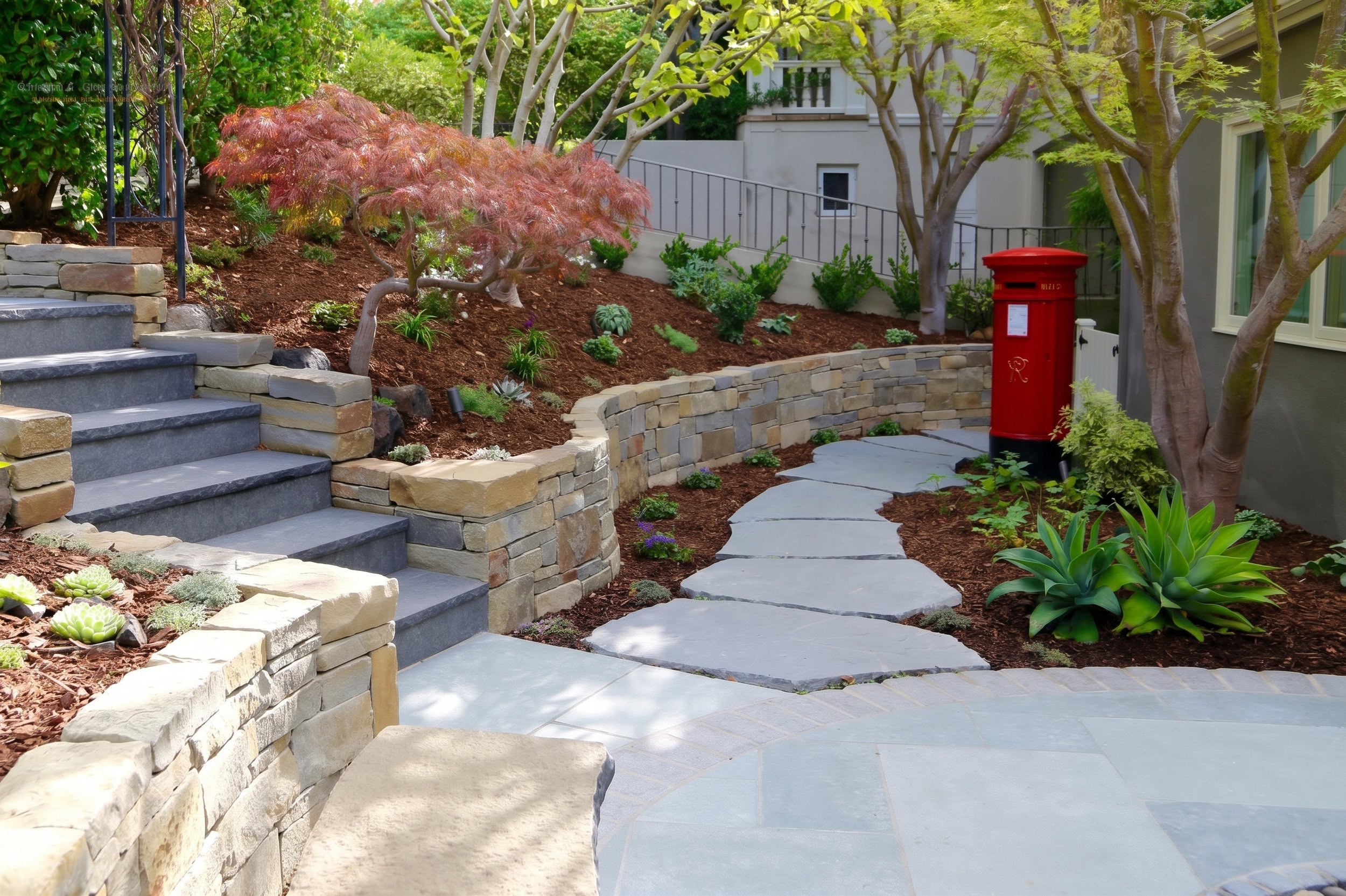Stone steps and a flagstone path through planting beds.