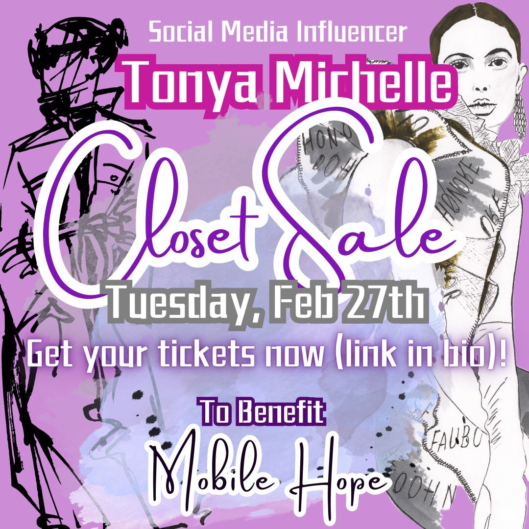 BAM! Lifestyle influencer @tonyamichelle26 is having a closet sale at @graffitiandsilk to benefit Mobile Hope's work! Clothing (S-XL), shoes, accessories, handbags and more...all items from Tonya's closet will be less than $20! Most items are brand n