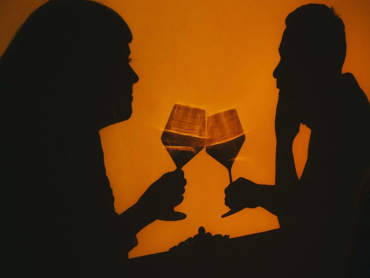 Silhouette of a man and woman facing each other, each holding a wine glass, with an open book reflected in the glasses, set against an orange background.