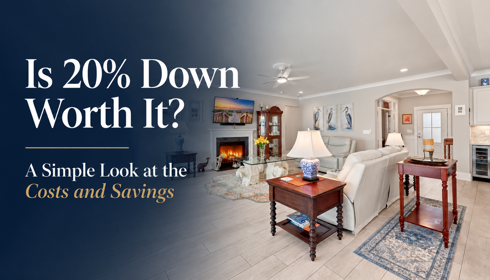 Luxury real estate blog graphic showing a bright home interior with the title asking whether putting 20 percent down is worth it for North Carolina buyers.