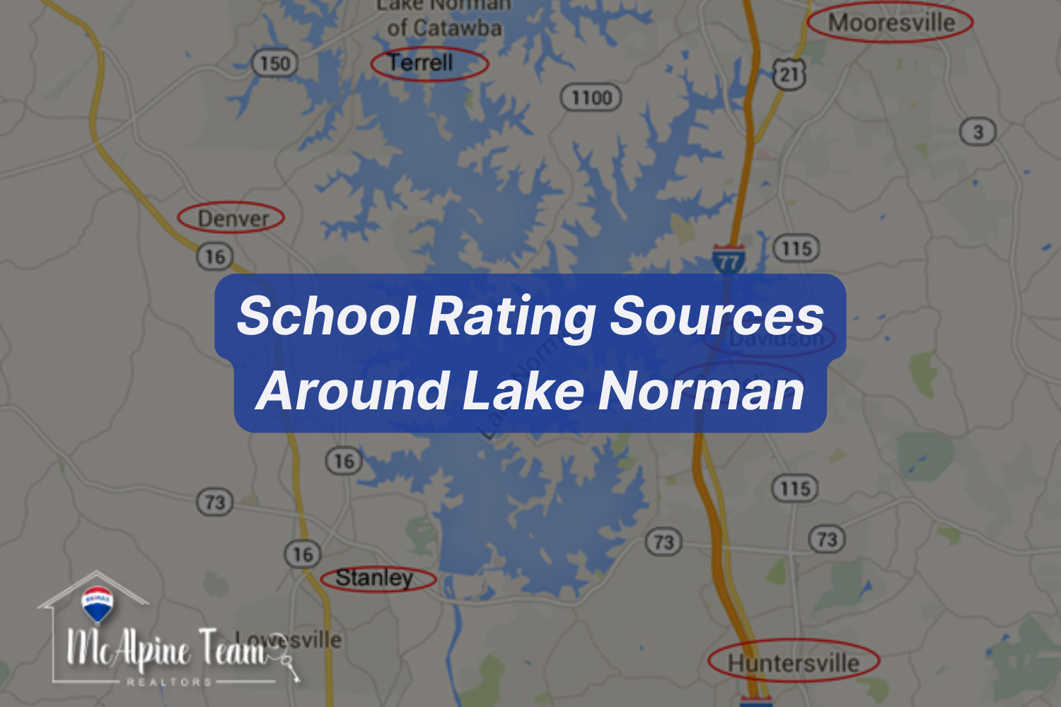 Map showing school rating sources used near Lake Norman communities