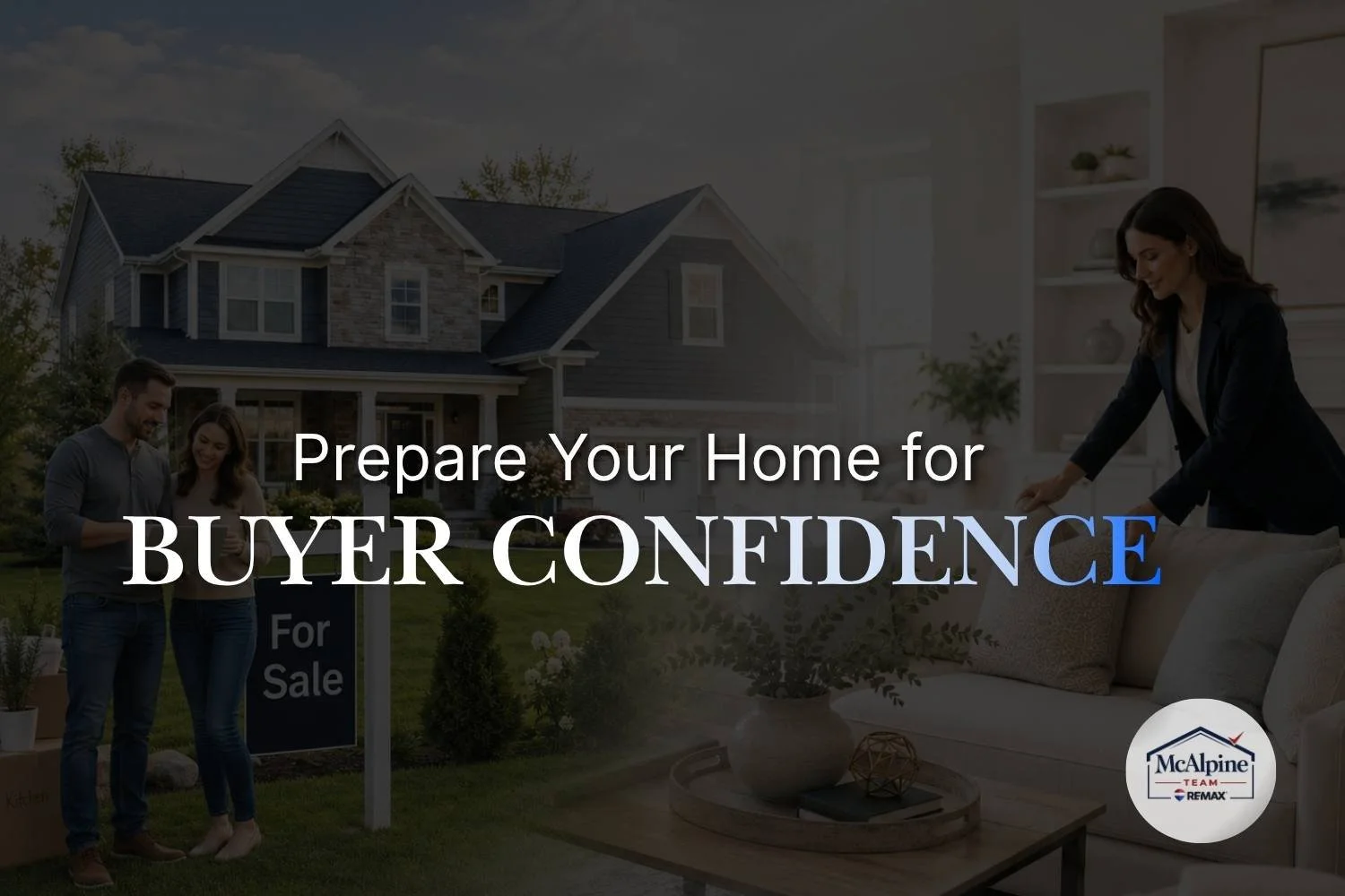 Real estate graphic showing a seller couple outside a home near a for sale sign while an agent stages the living room, representing buyer confidence and home preparation.