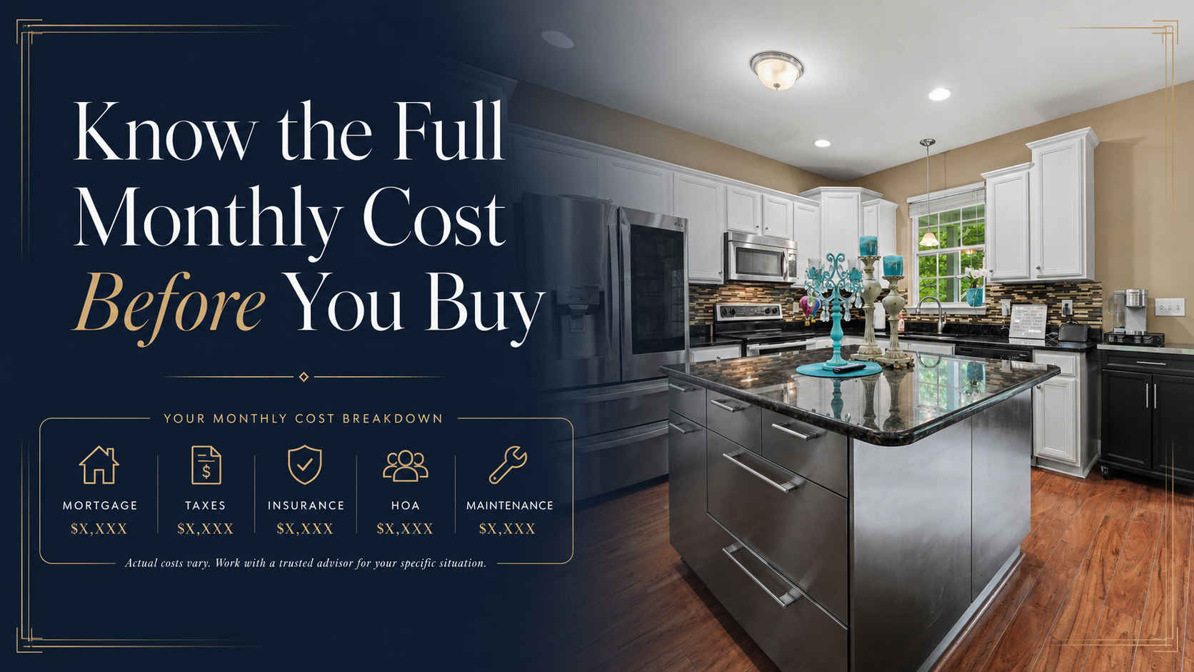 Lake Norman home buying graphic showing key monthly costs including mortgage, taxes, insurance, HOA fees, and maintenance.