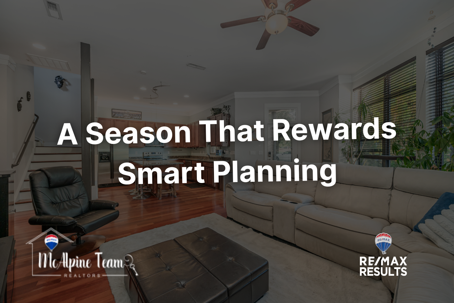 Interior living space in a Lake Norman home with text that says ‘A Season That Rewards Smart Planning,’ reflecting end-of-year real estate insights.