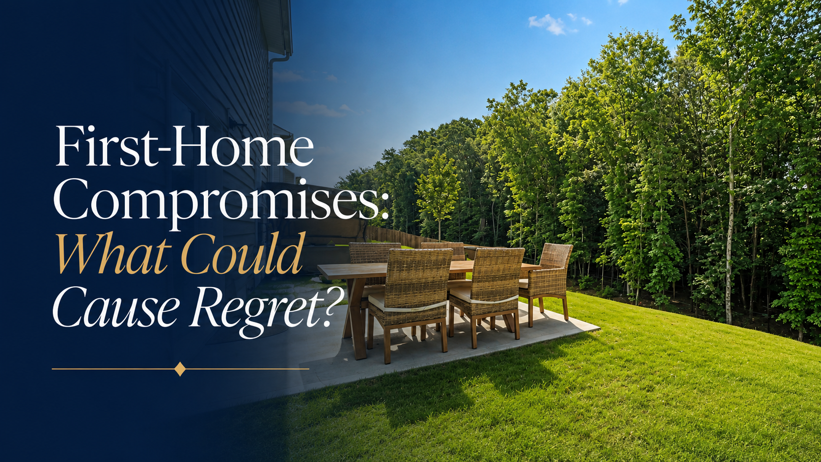 First-home compromises graphic showing a backyard patio and the choices that could cause regret.