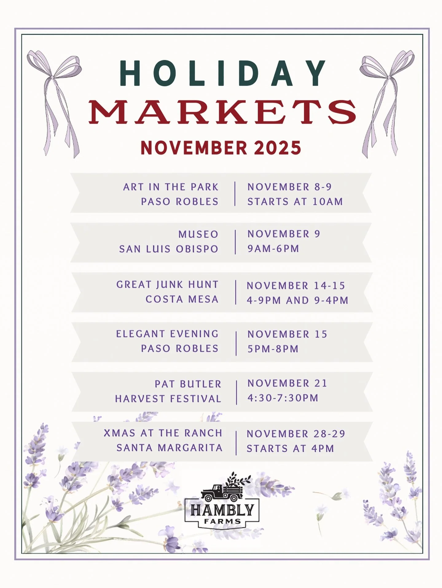 🎄 Holiday Markets Are Here! 🎄

The most wonderful time of the year&hellip; to shop small, sip something cozy, and find gifts that mean something. 

We&rsquo;ll be popping up all across the Central Coast this November, from Paso Robles to Orange Cou