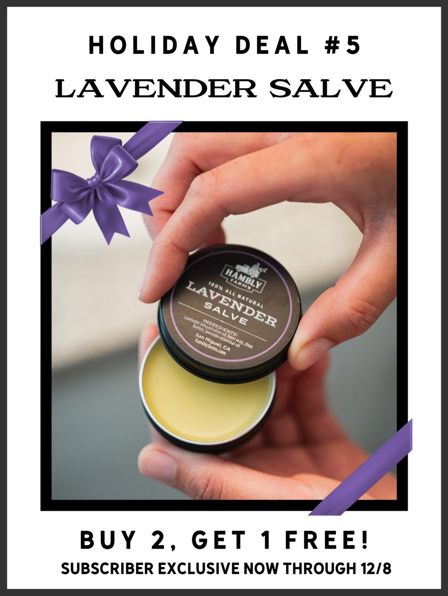 Winter skin season is here&hellip; and this week&rsquo;s subscriber deal is the solution: get a FREE Lavender Salve when you buy 2! 💜❄️

Why people love it this time of year:

🧤 Heals dry, cracked hands
🦶 Softens winter heels and feet
💄 Even gent
