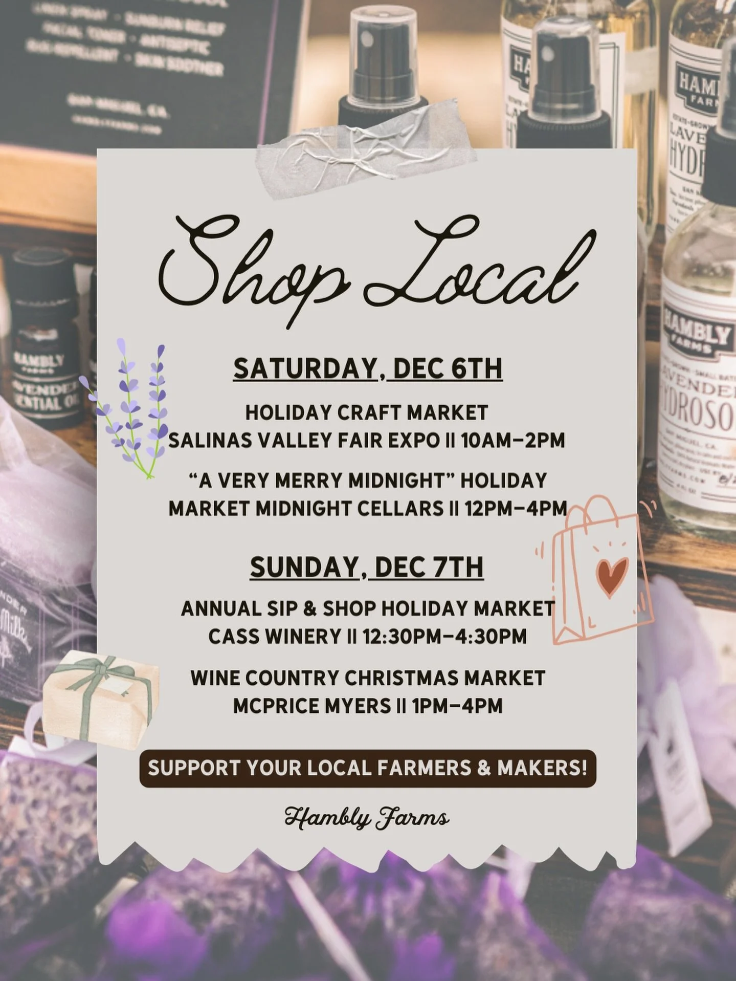This weekend is PACKED with holiday magic and we&rsquo;re popping up all over the Central Coast! 🎄 ✨

If you&rsquo;re checking off your gift list, craving a little festive fun, or simply want to support local farmers and makers, come say hello at on