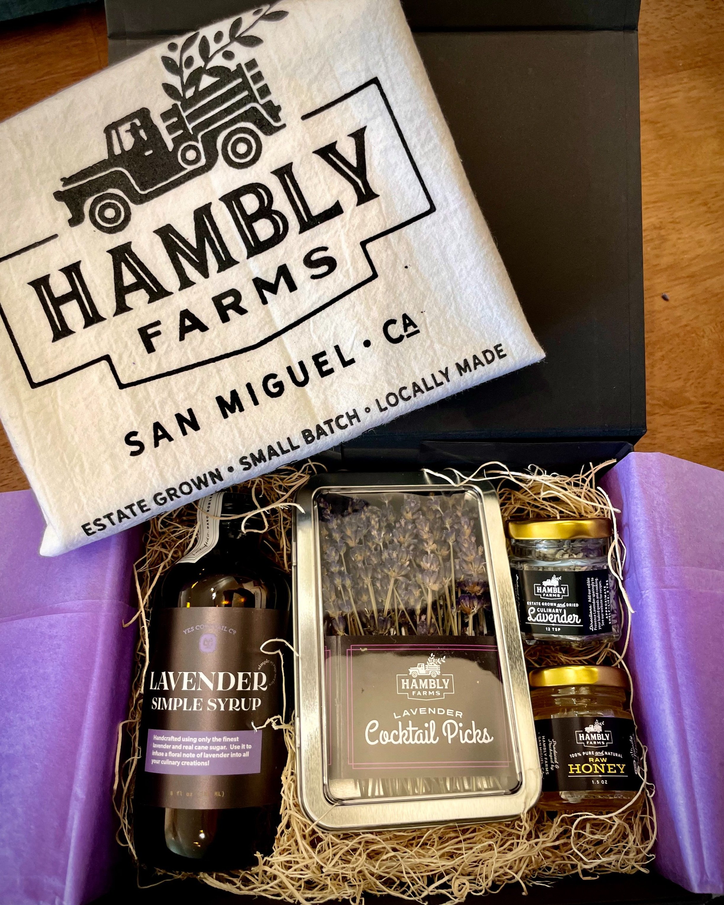 Hambly Farms Lavender Mixer Box with Simple Syrup, Lavender Picks,Honey and jar of lavender buds and a Hambly Farms Dish Towel