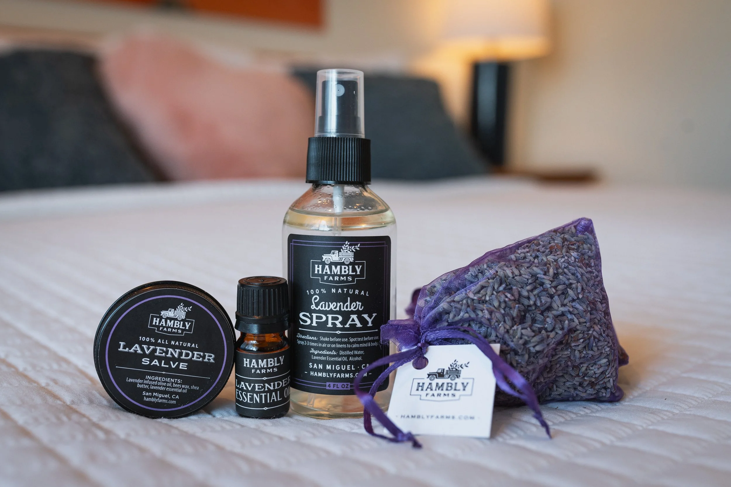 Hambly Lavender Farm - Lavender Linen Spray, Salve, Essential Oil, Sachet