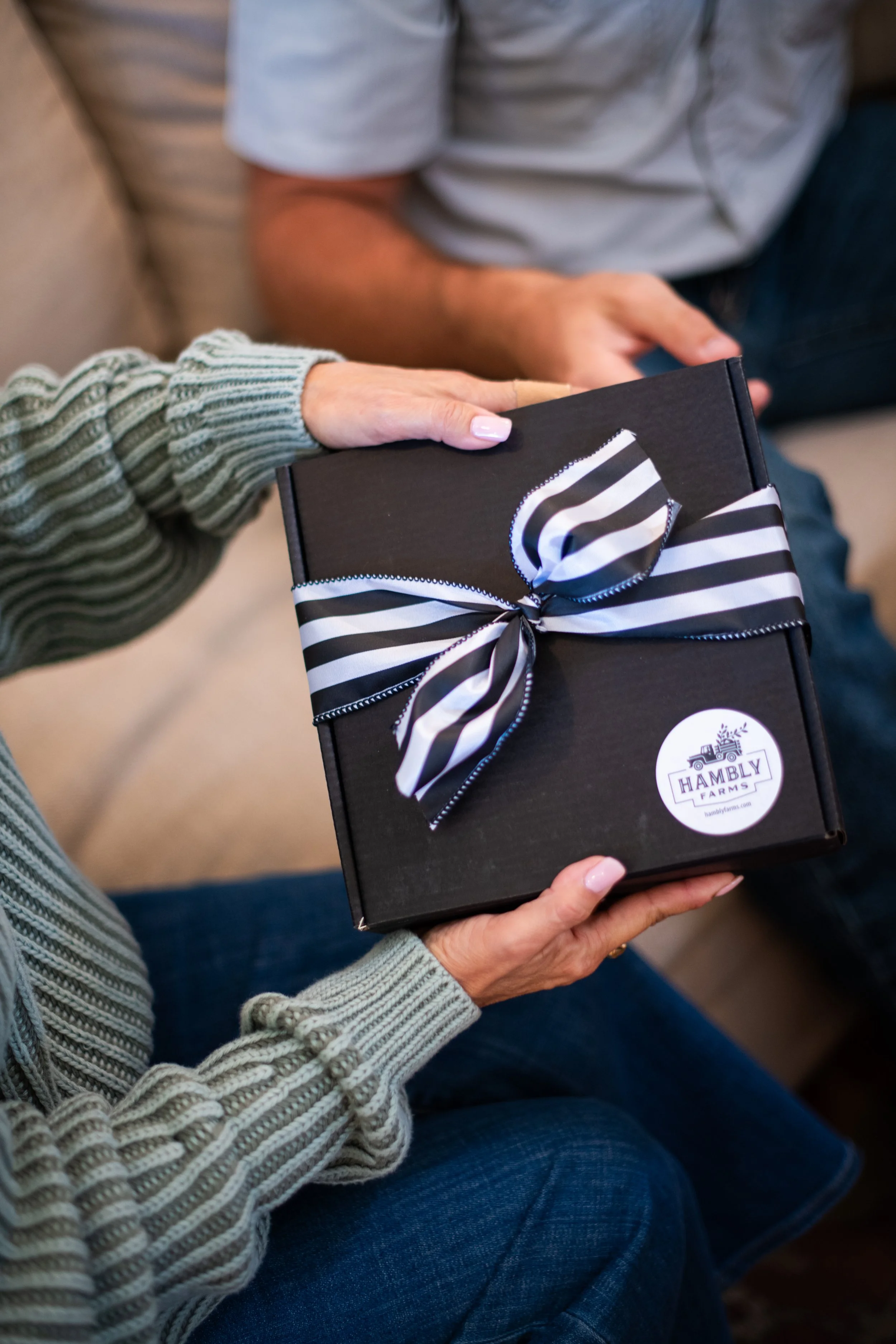 Hambly Farms Gift Box Black box with black and white wired ribbon