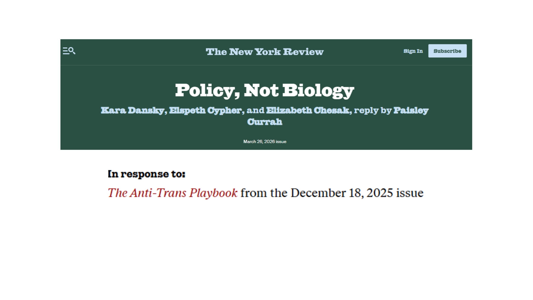 “Policy, Not Biology” - Response to “The Anti-Trans Playbook,” by The New York Review of Books 