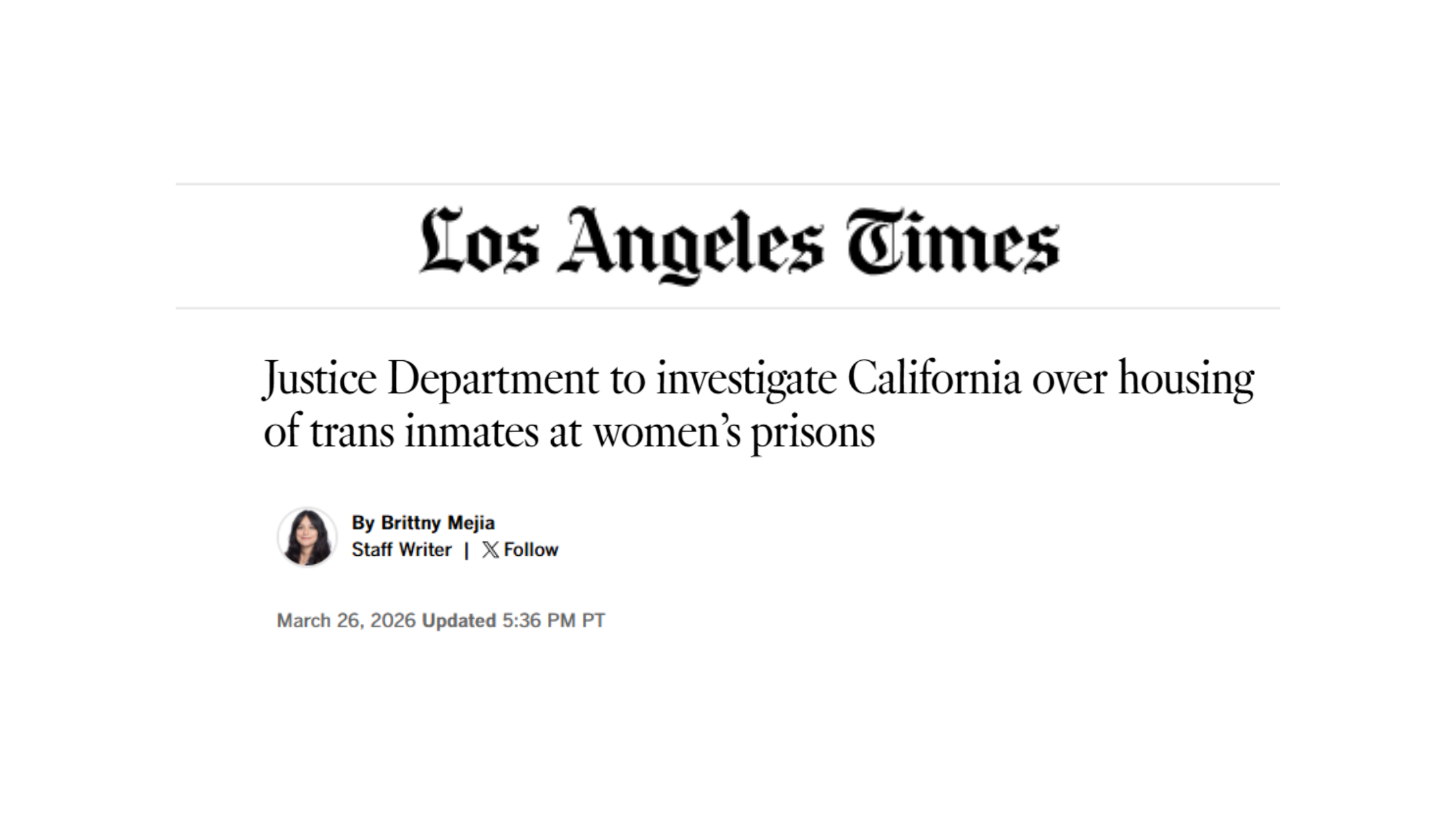 Los Angeles Times covers Justice Department Investigation into Men in Women’s Prisons