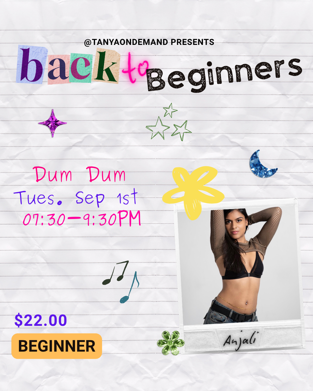 Dum Dum Round 2, Beginners with Anjali  (Tues Sept 1st, 7:30pm-9:30pm)
