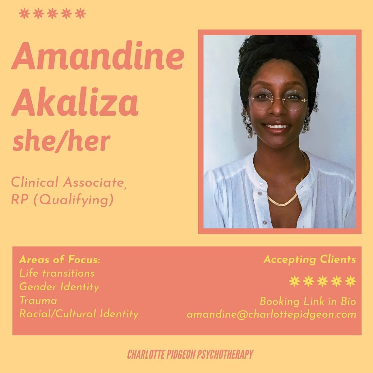 Reintroducing Amandine! Amandine recently finished her practicum, and is now joining us as a Clinical Associate! We can&rsquo;t wait to have her officially join us, and to celebrate, we&rsquo;re offering anyone who books with Amandine before May 17 a
