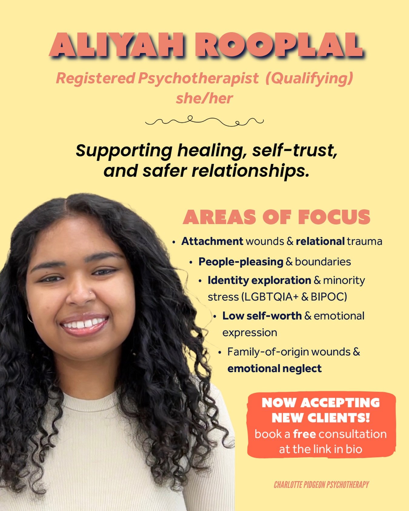 ✨THERAPIST SPOTLIGHT✨

Reintroducing Aliyah Rooplal (she/her), a Registered Psychotherapist (Qualifying) and Clinical Associate at Charlotte Pidgeon Psychotherapy! Supporting healing, self-trust, and safer relationships, Aliyah&rsquo;s areas of focus
