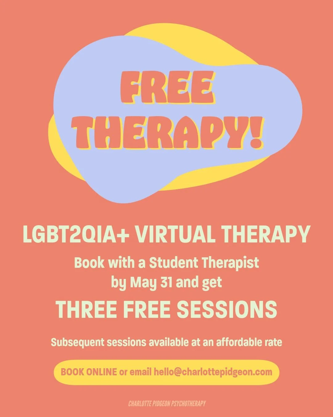 FREE THERAPY IS BACK! ✨

From now until May 31, 2026, book with one of our THREE student therapists and receive your first THREE sessions FREE.

This time around, you&rsquo;ll have 3 amazing therapists to choose from - Mike and Ella, our Student Ther