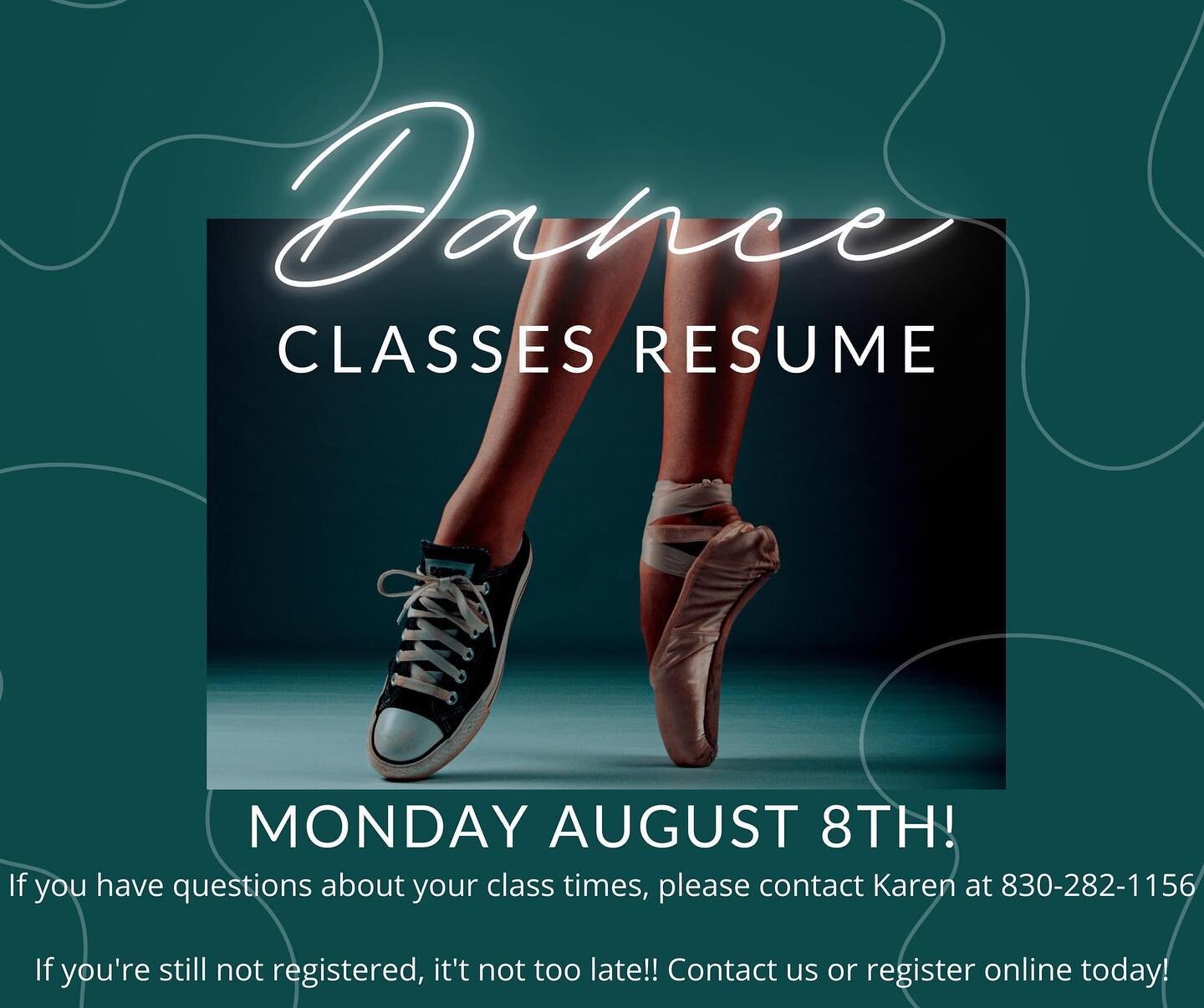 Get those dancing shoes on!! We are so excited to be back in studio starting this coming MONDAY!!! If you have any questions about your child's registration, class times, or need to make any changes, please contact Karen at 830-282-1156. 
Still need 