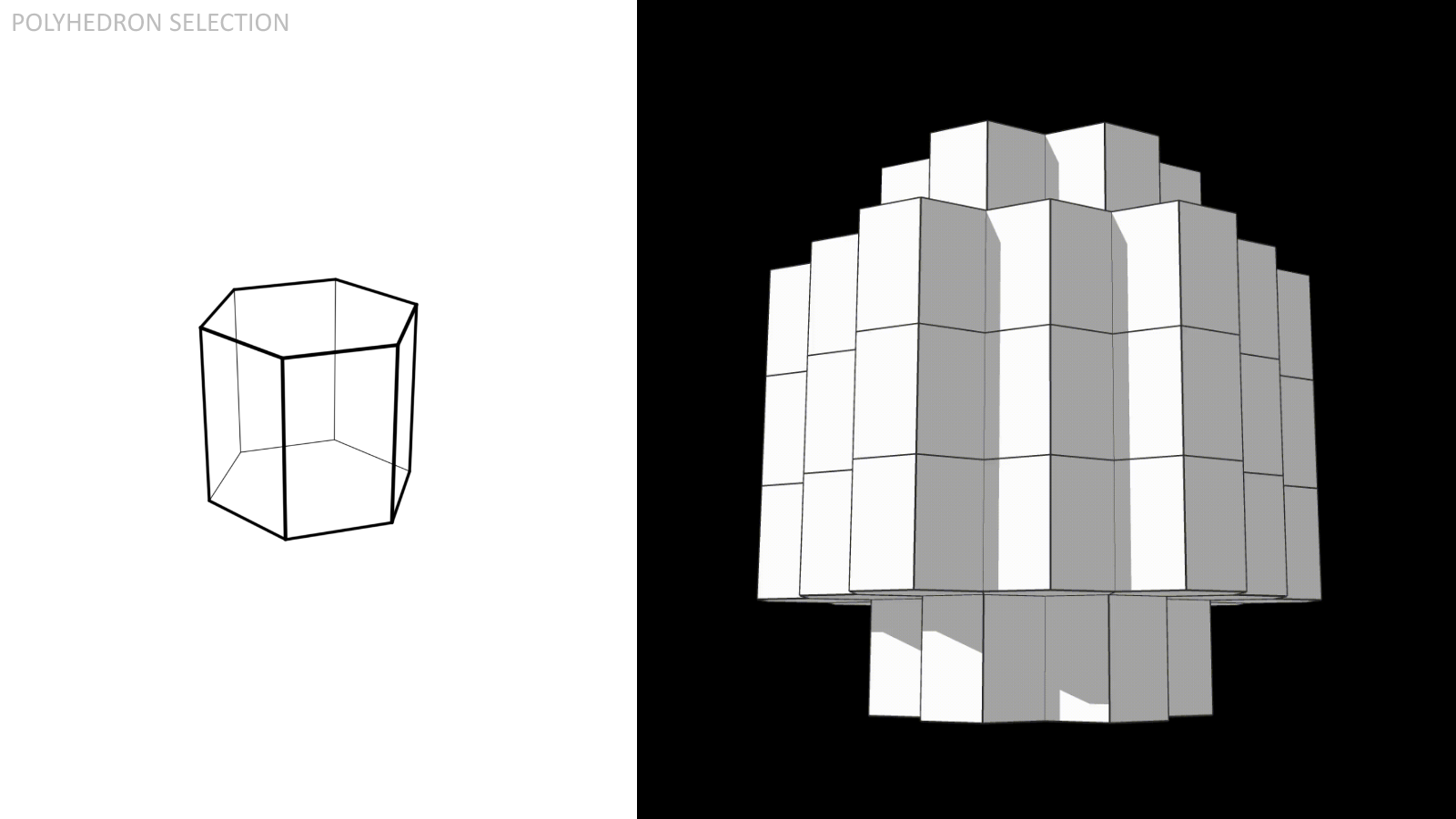  The Hexagonal Prism, composed of (2) regular hexagons and (6) rectangles. It's worth noting here that the proportions of these prisms were set to those that maximized Volume to Surface Area Ratio. 