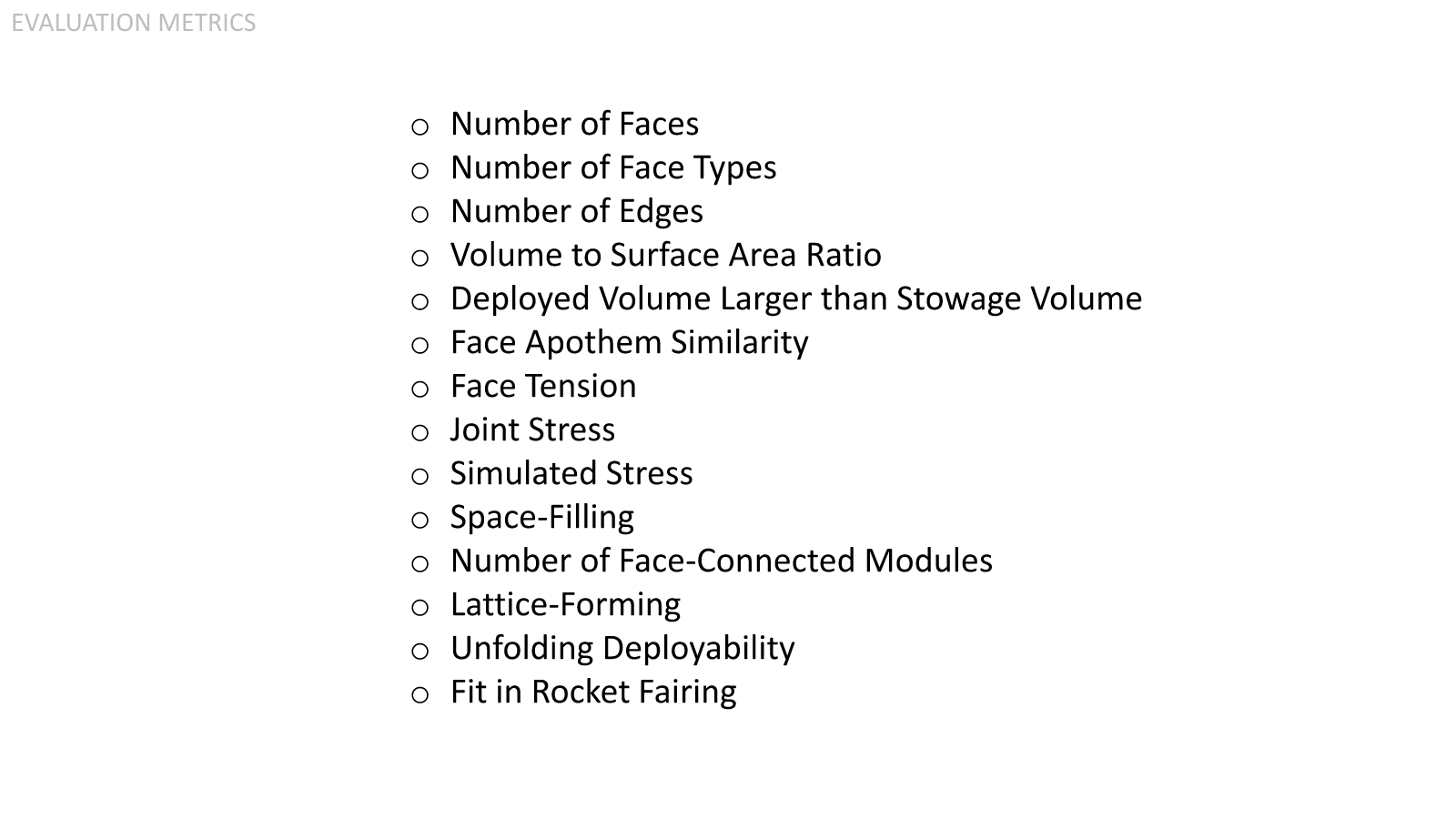  So I've spoken about the selection of the candidate polyhedra, and now I'll explain the evaluation metrics. (14) were selected in total and I'll go through each of them now. 