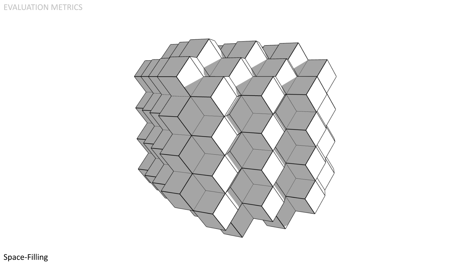  Space-Filling. I consider this one of the most important metrics. Space filling shapes allow for the following benefits:  - the complete utilization of three-dimensional space  - the reduction of exposure to radiation  - more connection possibilitie