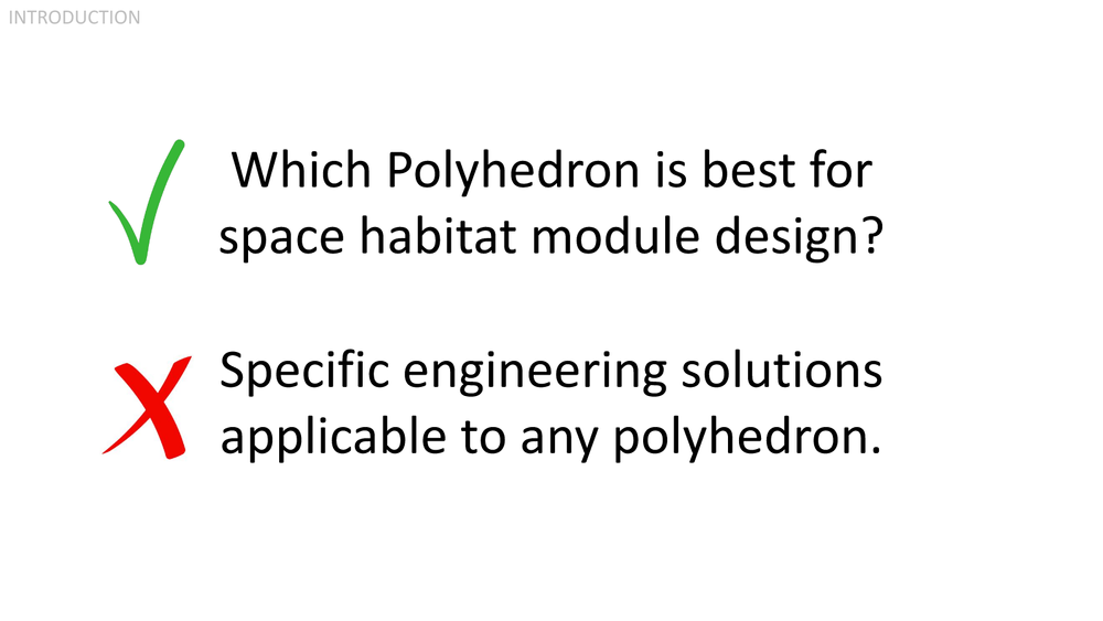  The aim of this study was to determine as close to objectively as possible which polyhedral form is the most suitable to the application of space habitat modules. Although this study was not absolutely exhaustive, it stands as the most comprehensive