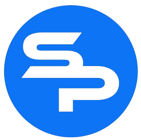Blue circular logo with stylized white letters inside intertwining S & P