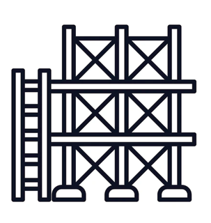 Outline drawing of a multi-level scaffolding structure with a ladder on the left side.