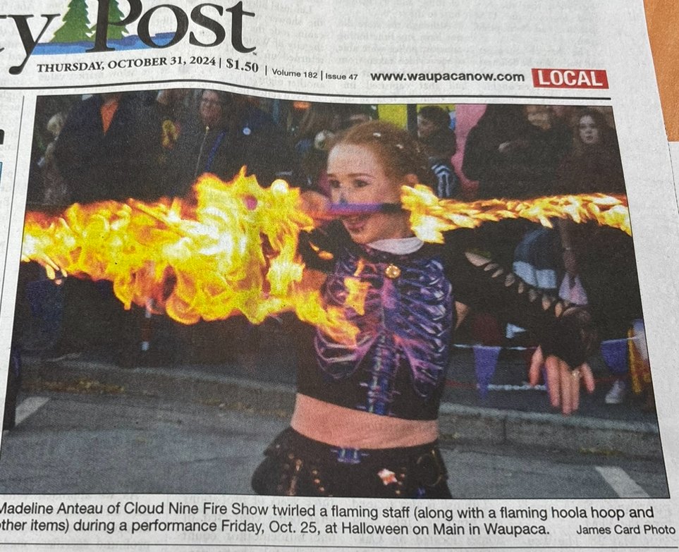 Front Page Newspaper Fire Performer Waupaca Halloween on Main