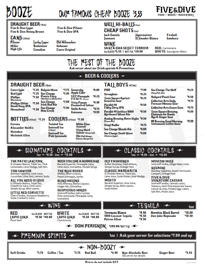 MENU — Five & Dive Restaurant and Bar