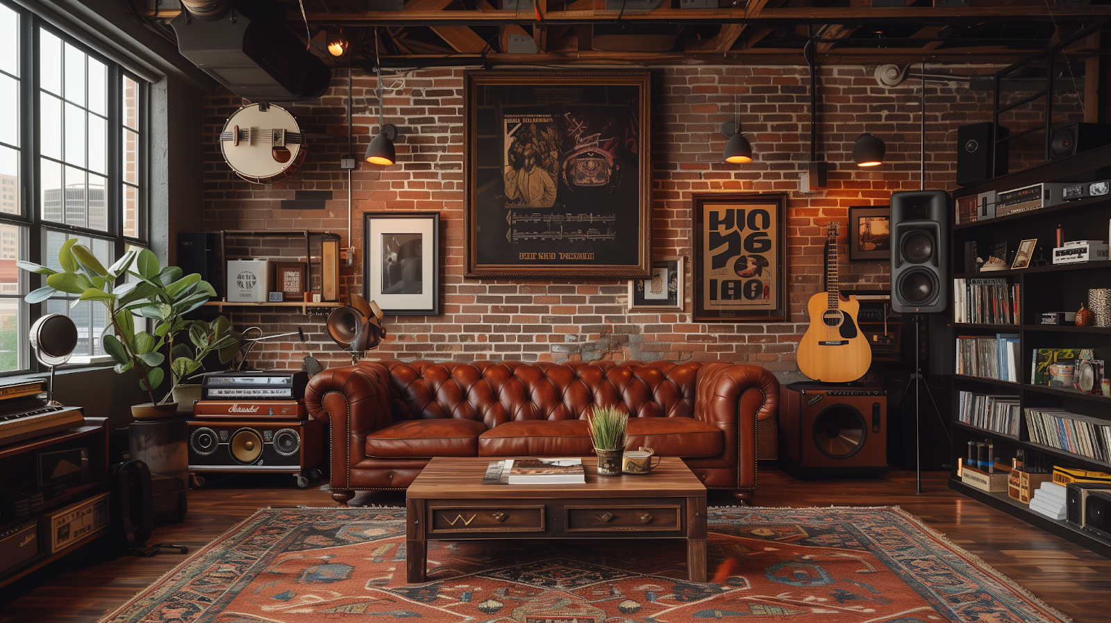 Industrial loft living room with brick wall, caramel leather Chesterfield, patterned rug, and guitar beside record shelves.