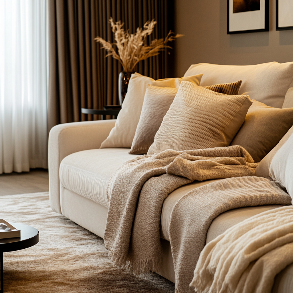a cozy and a elegant living space featuring a neutral color paletter. A plush beige sofa is styled with layers of textured throw blankets and pillows, creating a warm and inviting feel.
