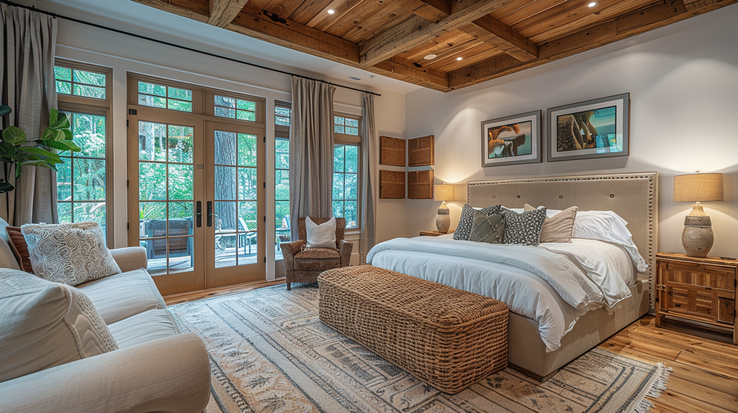 Rustic bedroom with wood coffered ceiling, French doors to forest views, upholstered bed, and woven bench