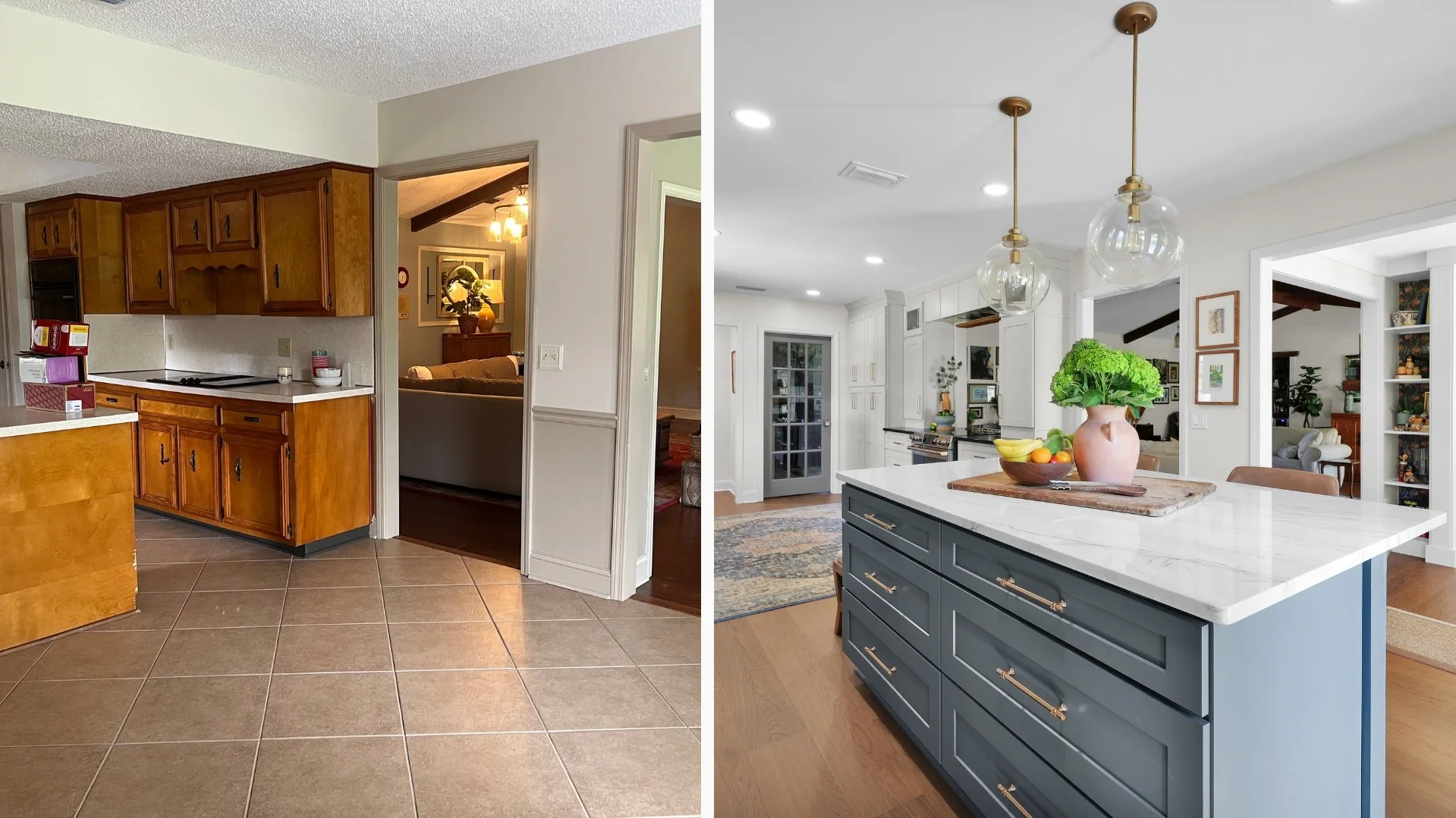 Kitchen before-and-after: honey-oak cabinets and tile replaced by bright white cabinetry, blue island, and globe pendants.