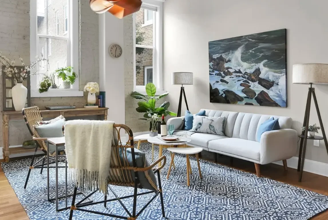 Bright, psychology-informed living room design in Jacksonville, FL, featuring coastal textures and calming color palettes for high-ROI vacation rentals.