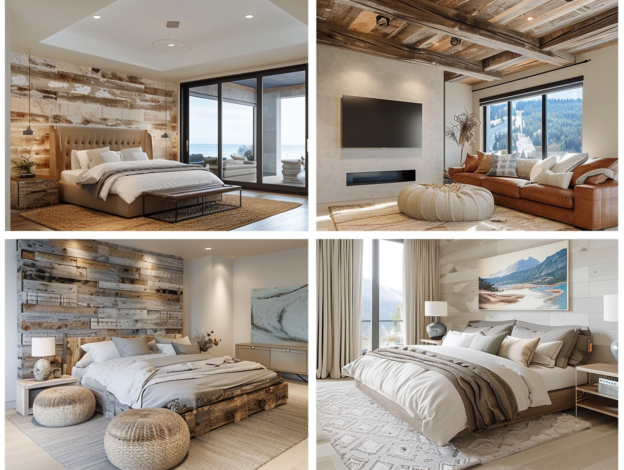 Calm mountain-modern interiors—rustic wood accents, natural textures, and layered neutrals in bedroom and living spaces.