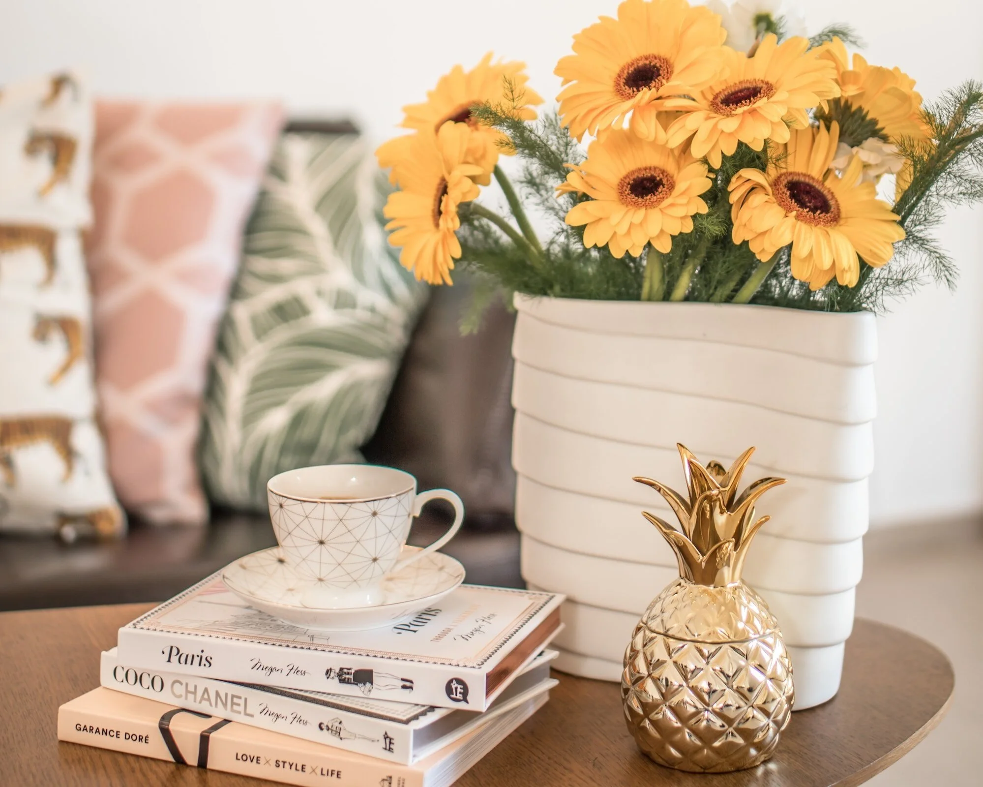 Coffee and books. yellow and brown look. Interior Design.