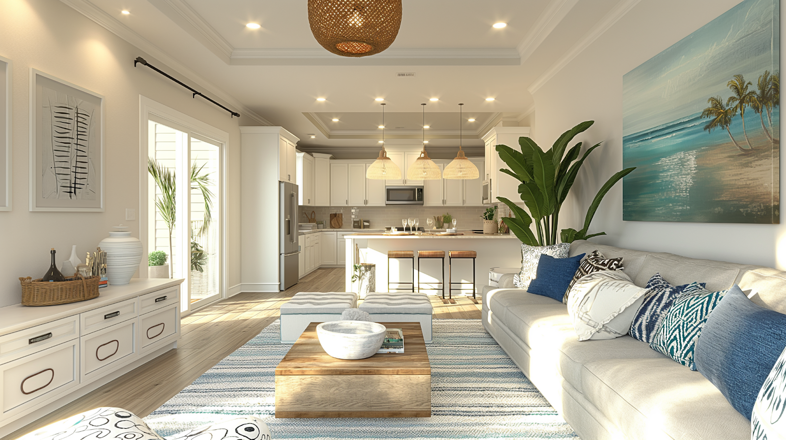 Coastal open-plan living room and white shaker kitchen with rattan pendants, blue accents, and striped rug