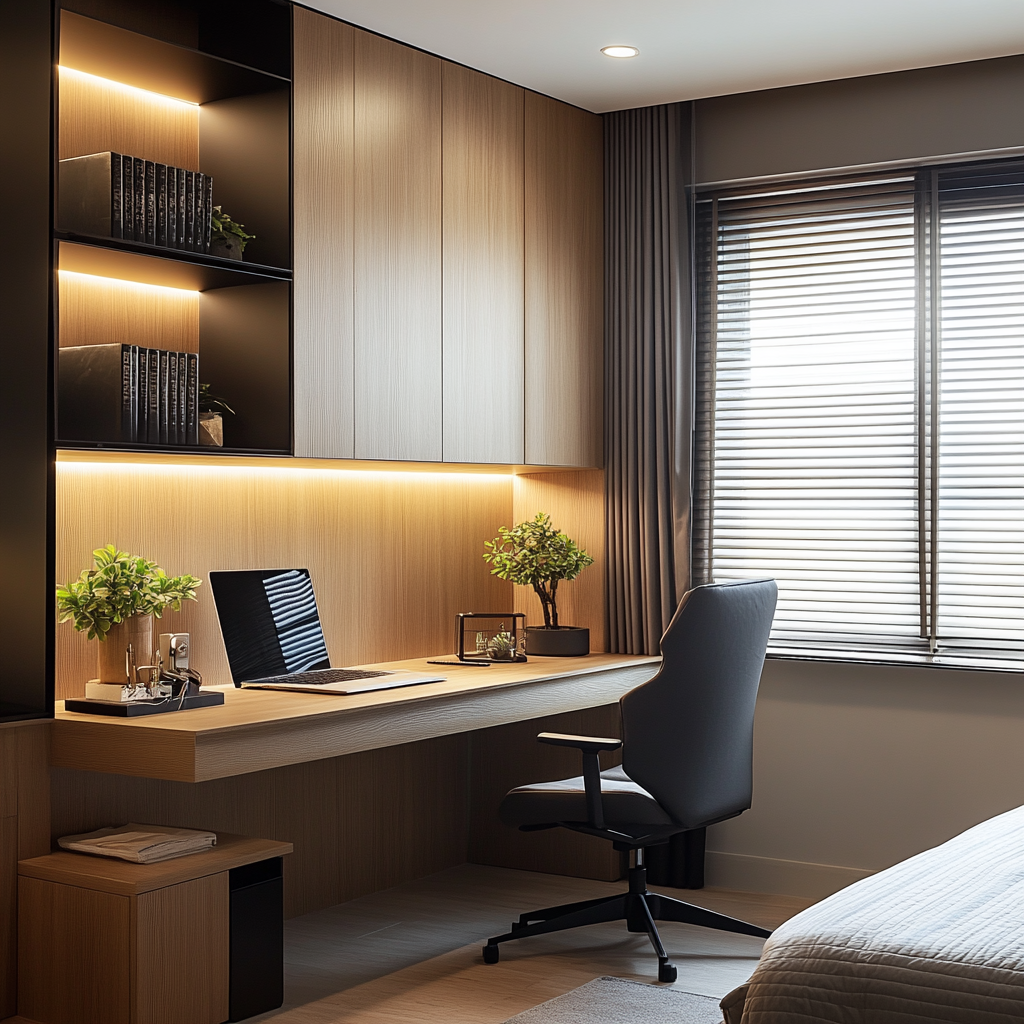 A thoughtfully designed home office with a minimalist and functional style. A light wooden desk with built-in storage is paired with a sleek ergonomic chair , while shelvin units adorned with small plants and books add a touch of greenery.