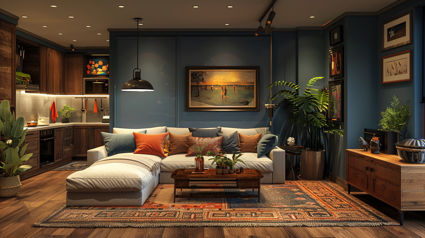 Moody living room with deep blue walls, ivory sectional with chaise, vintage rug, and wood coffee table under a black pendant