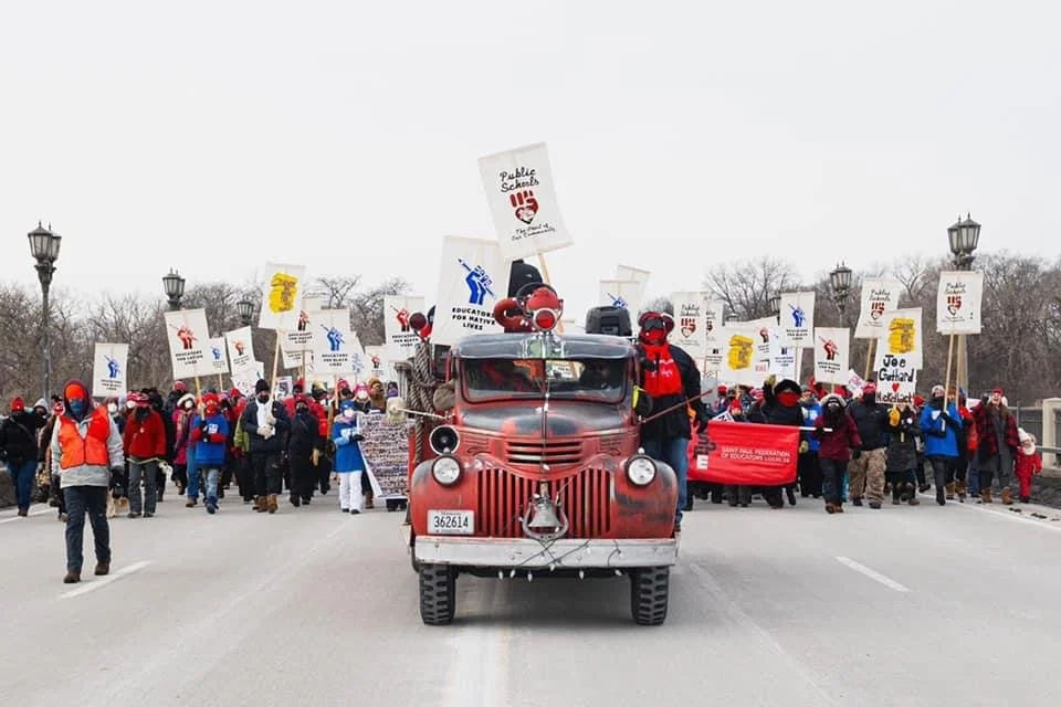  Minneapolis / Saint Paul teacher's strike. February, 2022. Art Build Workers helped with the banners and picket signs. Sidenote: any strike that leads a march with a red truck is going to win! 