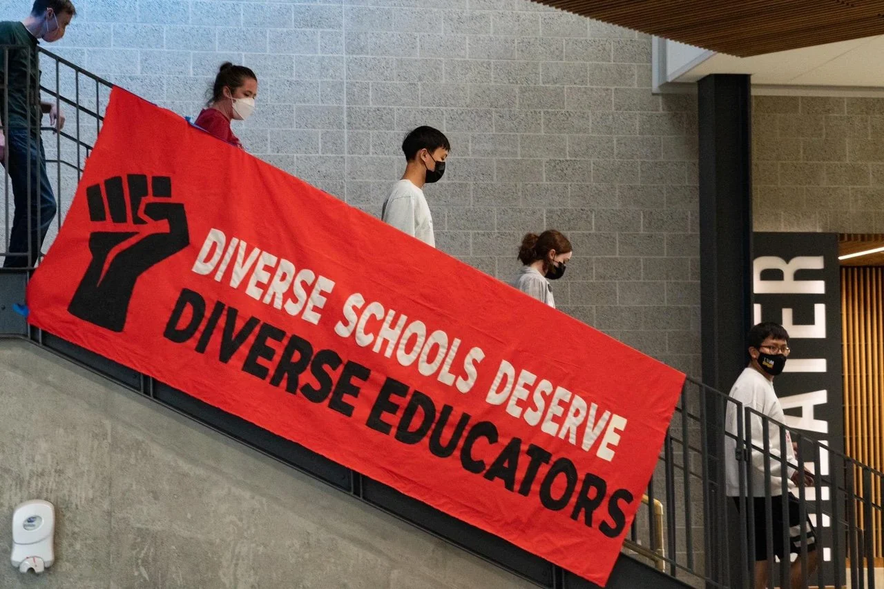  Art Build Workers art build with three NEA local unions in the Seattle/Tacoma region (Federal Way, Highline, Seattle) prior to their strike. April 2022. Banner design: Nicolas Lampert. 