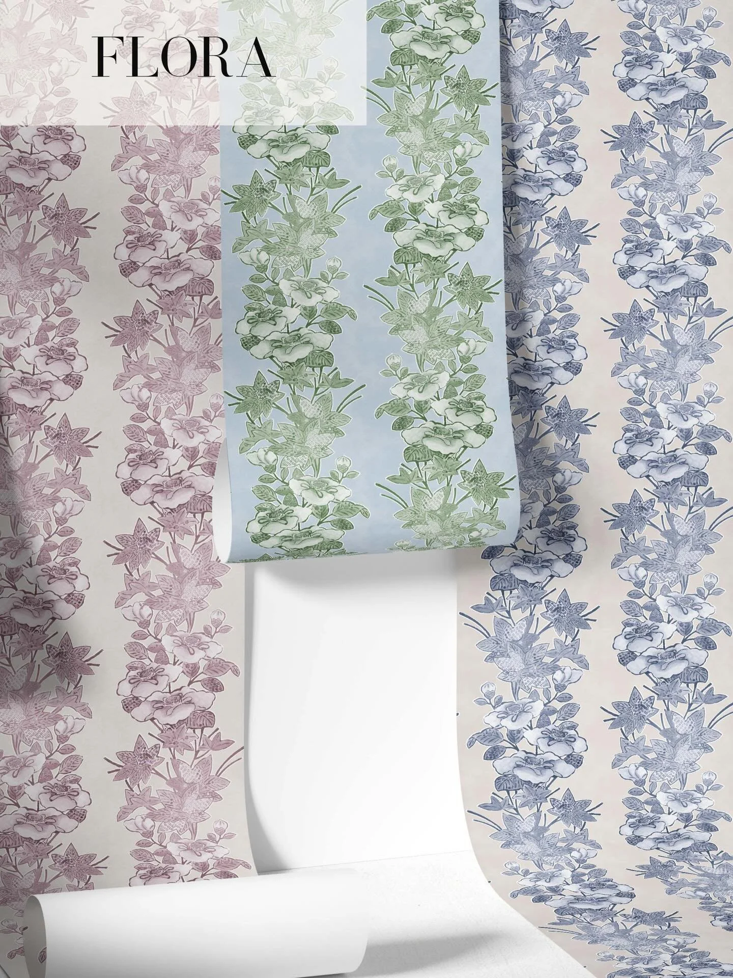 Bold florals, timeless feel. Flora brings soft movement and painterly charm to walls that deserve more than just pattern.

Now available through @striped.wallpaper in three distinct colorways to suit your unique style.