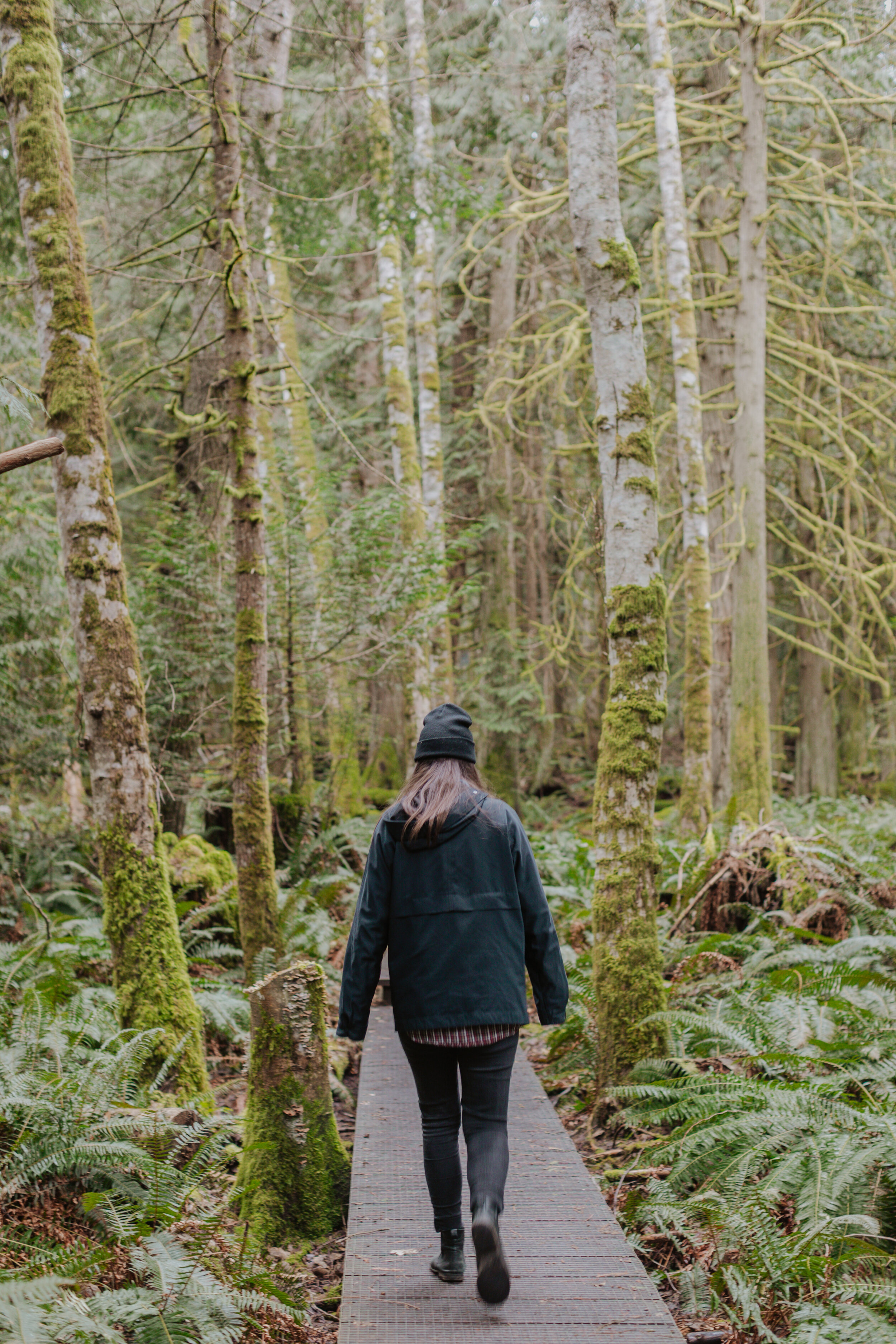 Person hiking along a trail on Mayne Island