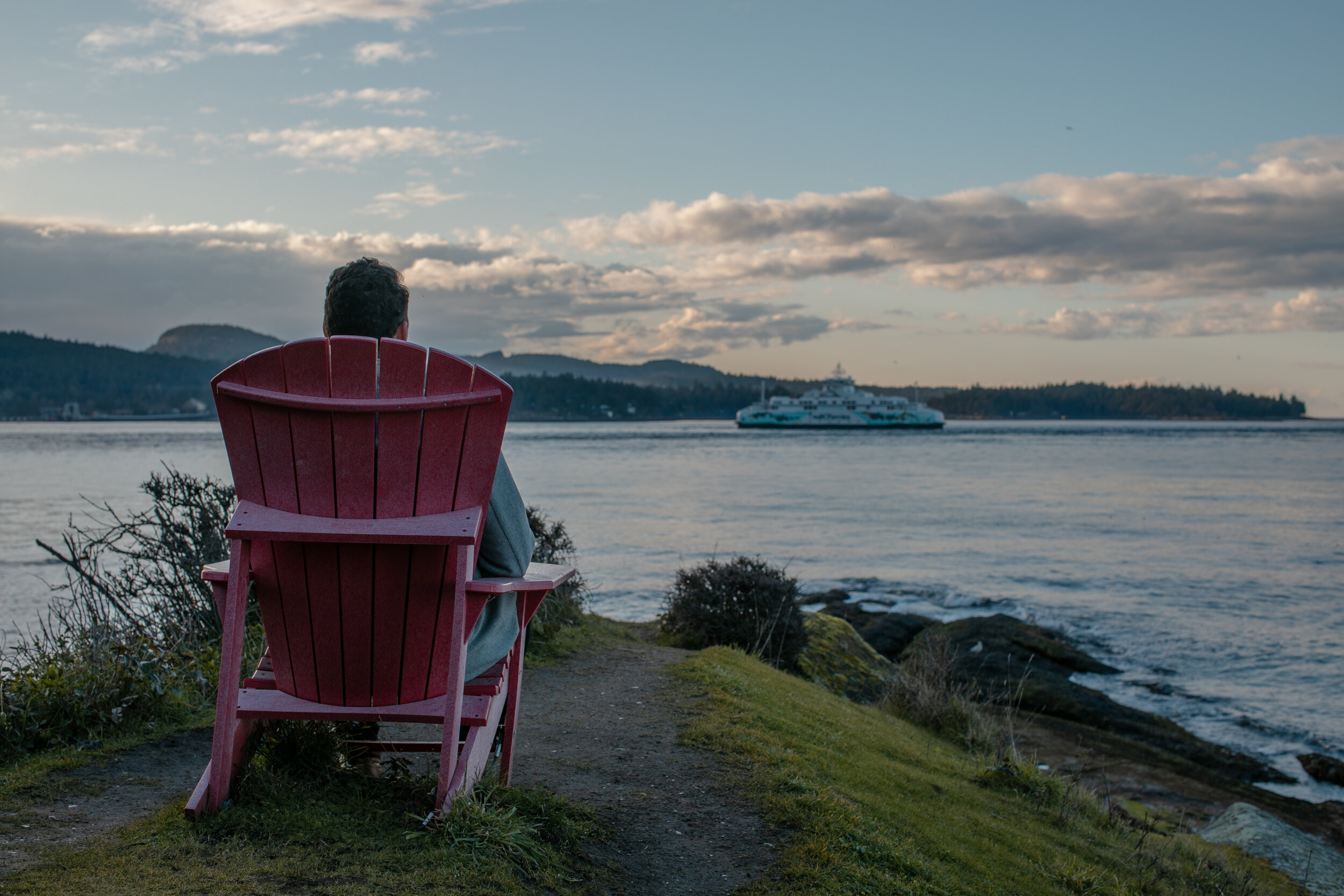Person looking out at BC Ferries vessel on Mayne Island