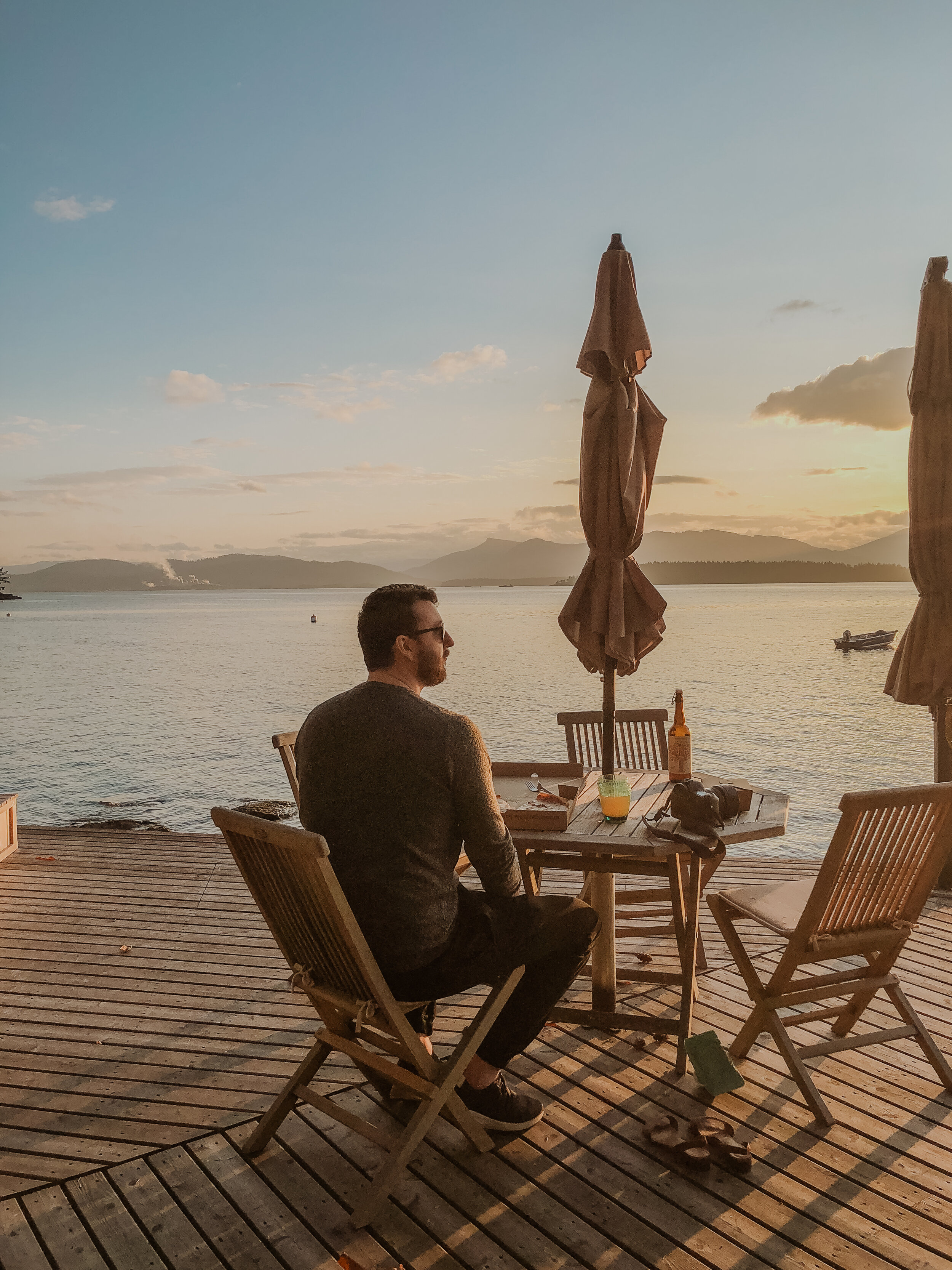 The oceanfront patio at Soul Reflections Airbnb on Salt Spring Island