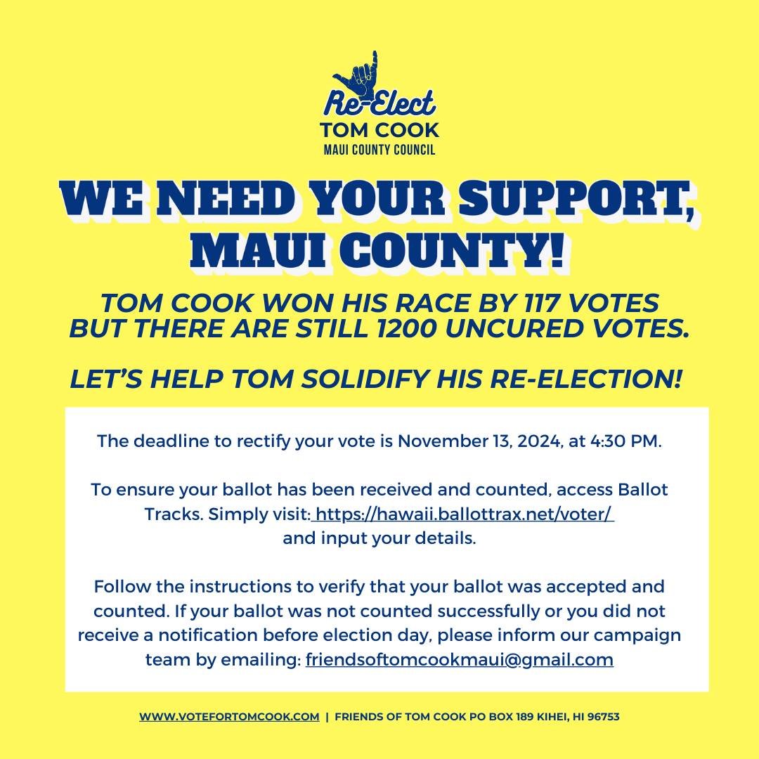 ➡ SHARE THIS POST! 
WE NEED YOUR SUPPORT, FRIENDS!
LET'S HELP TOM SOLIDIFY HIS RE-ELECTION! 

If you have questions or did not receive a notification before Election Day, please reach out to us!